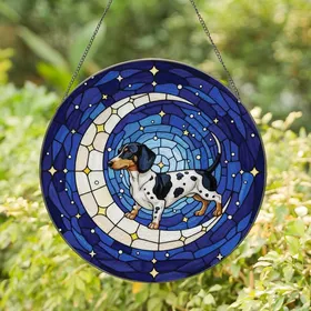 Dachshund Lovers' Tri-Color Dachshund Stained Glass Cosmic Moon Deep Blue Yellow Jewel Tones Edge-to-Edge Stained Glass Suncatcher