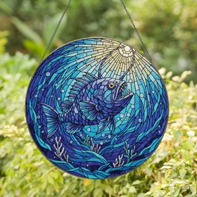 Deep Sea Art Lovers' Anglerfish Tiffany Style Stained Glass Deep Blue Aqua Teal Golden Mosaic Stained Glass Suncatcher
