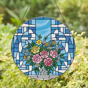 Art Lovers' Vibrant Pink Yellow Orange Blue Stained Glass Floral Geometric Mosaic Stained Glass Suncatcher