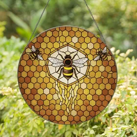 Nature Lovers' Tiffany Style Stained Glass Majestic Bee Honeycomb Golden Amber Olive Green Intricate Mosaic Art Stained Glass Suncatcher