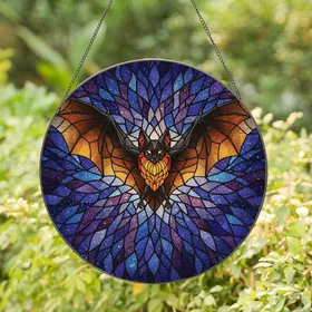 Art & Nature Lovers' Intricate Stained Glass Bat Mosaic Amber Orange Blue Purple Night Sky Stained Glass Suncatcher