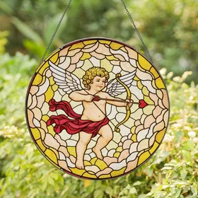 Fine Art Enthusiasts Tiffany Style Stained Glass Angelic Cupid Cherub Golden Bow Crimson Heart Arrow Stained Glass Suncatcher