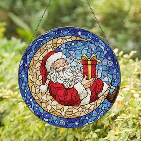 Holiday Art Enthusiasts Tiffany Stained Glass Santa Moon Ruby Red Amber Jewel Tones Mosaic Night Sky Stained Glass Suncatcher