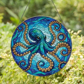 Ocean Lovers' Vibrant Stained Glass Octopus Aquamarine Sapphire Emerald Teal Amber Jewel Tone Mosaic Stained Glass Suncatcher