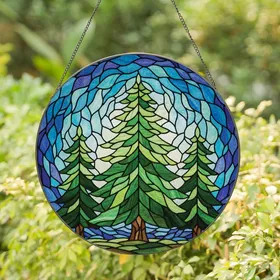 Nature Lovers' Tiffany Style Jewel Tone Green Stained Glass Evergreen Pine Trees Mosaic Stained Glass Suncatcher