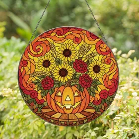 Autumn Lovers' Vibrant Stained Glass Jack-O'-Lantern Autumn Floral Mosaic Art Stained Glass Suncatcher