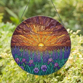 Nature Lovers' Tiffany Stained Glass Sunset, Purple Lupine & Orange Sky Mosaic Stained Glass Suncatcher