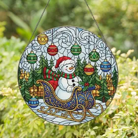 Holiday Lovers' Cheerful Stained Glass Snowman Sleigh Jewel Tone Winter Wonderland Mosaic Stained Glass Suncatcher
