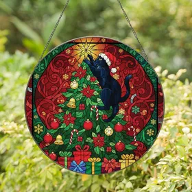 Cat Lovers' Christmas Intricate Stained Glass Black Cat Christmas Tree Jewel Tones Festive Mosaic Stained Glass Suncatcher