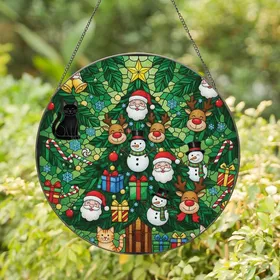 Holiday Enthusiasts' Intricate Stained Glass Christmas Tree Mosaic with Santa, Reindeer, Snowmen, Cats, Jewel Tones Green Red Yellow Stained Glass Suncatcher