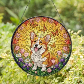 Corgi Lovers' Tiffany Style Stained Glass Happy Corgi Dog, Floral Meadow Mosaic, Jewel Tone Spring Flowers, Golden Glow Stained Glass Suncatcher