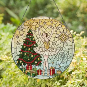 Holiday Art Lovers' Stained Glass Ballerina Christmas Tree Gold Red Green Blue Intricate Jewel Tones Stained Glass Suncatcher