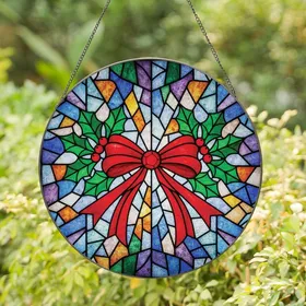 Holiday Enthusiasts' Tiffany Stained Glass Christmas Bow, Holly, Jewel Tones, Geometric Winter Mosaic Stained Glass Suncatcher