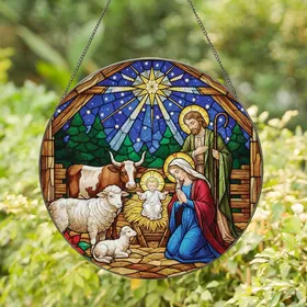 Christmas Enthusiasts' Tiffany Style Stained Glass Nativity Scene with Radiant Golden Glow, Jewel Tones & Starry Night Sky Mosaic Stained Glass Suncatcher