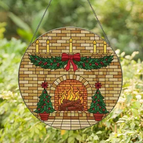 Holiday Decor Lovers' Tiffany Style Stained Glass Fireplace Roaring Fire Garland Red Berries Green Trees Golden Brick Stained Glass Suncatcher