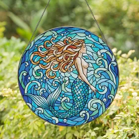 Ocean Lovers' Stained Glass Mermaid Profile Ocean Current Mosaic Teal Aqua Jewel Tones Stained Glass Suncatcher