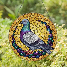 Art Enthusiasts' Intricate Stained Glass Rock Dove Pigeon Mosaic with Iridescent Jewel Tones Stained Glass Suncatcher