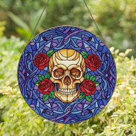 Unique Art Lovers' Tiffany Stained Glass Skull, Red Roses, Vibrant Jewel Tone Mosaic Stained Glass Suncatcher