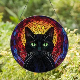 Cat Lovers' Majestic Tiffany Style Black Cat Emerald Eyes Jewel Tone Mosaic Art Stained Glass Suncatcher