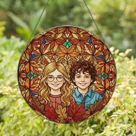 Vibrant Art Lovers' Tiffany Style Stained Glass Mosaic: Smiling Kids, Autumn Leaves & Jewel Tones Stained Glass Suncatcher