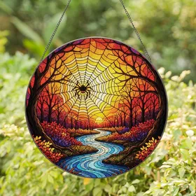 Gothic Art Lovers' Vibrant Tiffany Stained Glass Spiderweb Autumn Sunset Forest Stained Glass Suncatcher