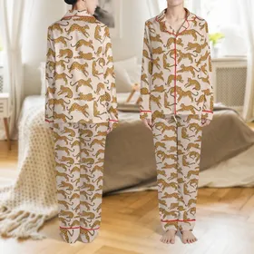 Women's Seamless Stylized Leopard Pattern, Tan Golden Orange Hues Satin Long Sleeve Relaxed Fit Pajama Set Satin Pajamas Set