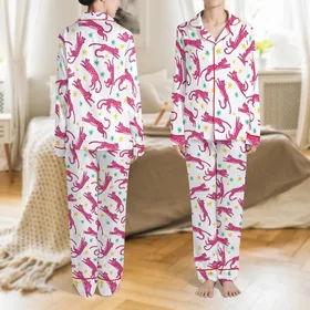 Women's Fuchsia Pink Leopard Print Pajamas: Playful Star Accents - Lightweight Button-Up Sleep Set Satin Pajamas Set