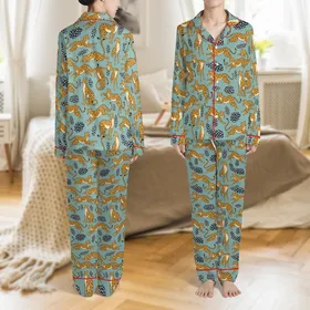 Women's Charming Illustrative Leopard Print Aqua Blue-Green Retro Cartoon Long Sleeve Button-Front Sleep Set Satin Pajamas Set