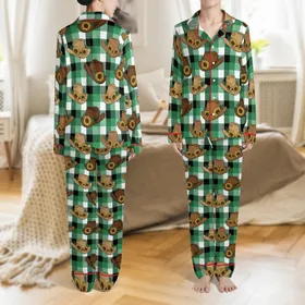 Women's All-Season: Rustic Cowboy Hat & Sunflower Emerald Green Plaid Sleep Set Satin Pajamas Set