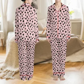 Women's Velvet Love: Irregular Black Hearts on Muted Dusty Rose Sleep Set Satin Pajamas Set