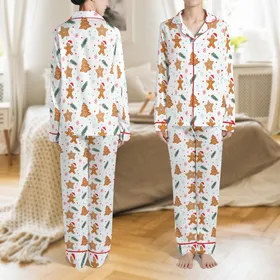 Women's Festive Gingerbread Christmas Pajamas: Whimsical Hand-Drawn Cookie & Snowflake Sleep Set Satin Pajamas Set
