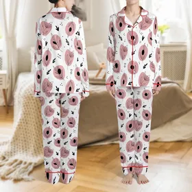 Plus Size Women's Abstract Pink & Black Botanical Pattern Crew Neck Polyester Blend Loungewear Set Satin Pajamas Set