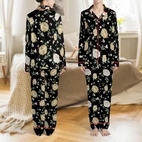 Women's Elegant Hand-Drawn Peony Blossom Black Botanical V-Neck Sleep Set 2pc Satin Pajamas Set