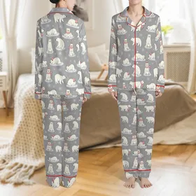 Women's Personalised Hooded Playful Polar Bear & Pink Hat Scarf Print Fleece Comfort Wrap Satin Pajamas Set
