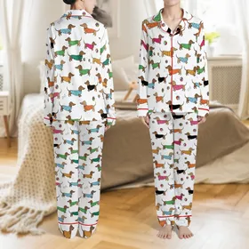 Women's Matching Dachshund Pajamas: Whimsical Sweater Dog Pattern Sleep Set Satin Pajamas Set