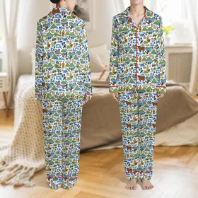 Festive Traveler's: Hand-Drawn Scottish Highlands Castle & Nessie Satin Sleep Set Satin Pajamas Set