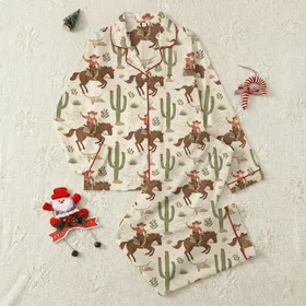 Western Family Christmas Sleep Set: Vintage Cowboy Santa Rodeo Cactus Pattern Satin Pajamas Set