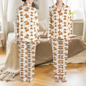 Women's Cute Amigurumi Highland Cow Calves & Cherry Blossom Print Pajamas Set Satin Pajamas Set
