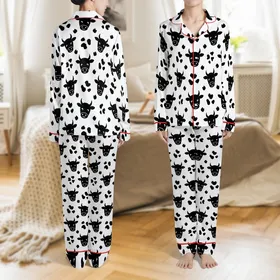 Western Cow Print Pajama Pants: Stylized Black Cow Head & Spot Pattern - Soft Polyester Sleepwear Satin Pajamas Set
