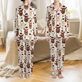 Highland Cow Christmas Faux Latch Hook Design - Cozy Winter Loungewear Satin Pajamas Set