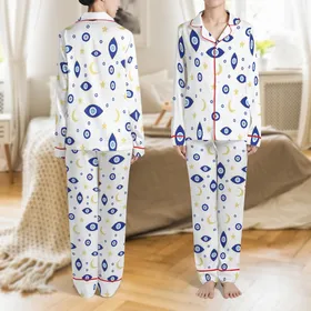 Women's Plus Size Two-Piece Lounge Set: Mystical Evil Eye Star Moon Print, Short Sleeve & Long Pants Satin Pajamas Set
