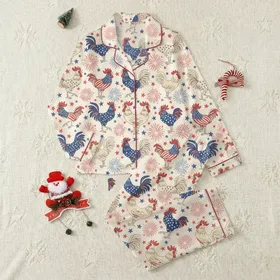 Patriot's Vintage Americana Roosters: American Flag & Fireworks All-Over Design Satin Pajamas Set