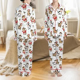 Matching Family Holiday Sleep Set: Cartoon Cow Santa & Xmas Lights Pattern Satin Pajamas Set
