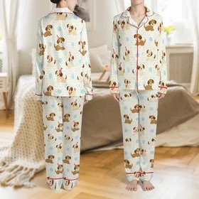 Women's Fall Winter Sweet Puppy & Multi-Dot Modal Pajama Set - Long Sleeve Top & Pants Satin Pajamas Set