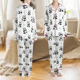 Panda Lover's Sleep Set: Cute Cartoon Panda & Bamboo Pattern - Cozy Loungewear Satin Pajamas Set