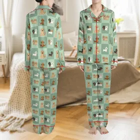 Custom Pet Photo Mint Checkerboard Dog Portrait: Poodle, Golden Retriever, Beagle Art Family Loungewear Satin Pajamas Set