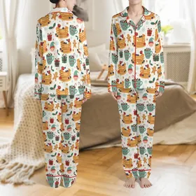 Festive Family Pajamas: Whimsical Pancake, Elf & Gingerbread Holiday Pattern Satin Pajamas Set