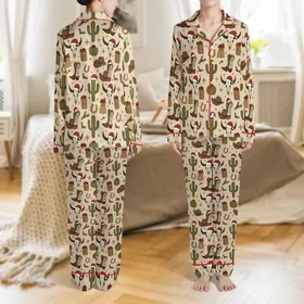 Men's Cowboy Christmas Pajamas: Western Hat & Cactus Print Polyester Sleep Bottoms Satin Pajamas Set