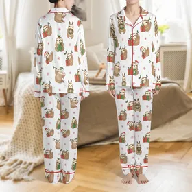 Family Christmas Sloth Polyester Spandex Sleep Set: Women's & Kids' Santa Hat & Elf Pattern Satin Pajamas Set