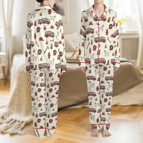 Toddler & Kids Unisex Firehouse Friends Hand-Drawn Rusty Red Firetruck Dalmatian Bamboo Pajamas Satin Pajamas Set